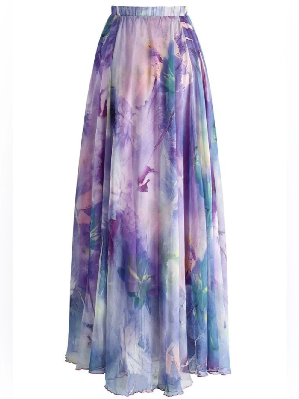 ChicWish Dancing Watercolor Chiffon Flowy Boho Floral Maxi Skirt In Violet XS/S